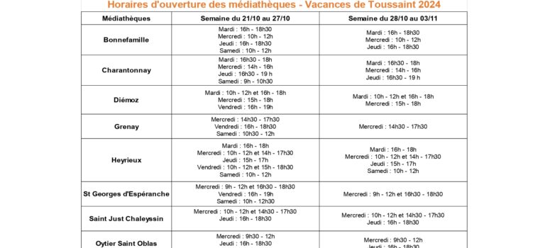 Horaires d’ouverture des médiathèques – Vacances de Toussaint 2024